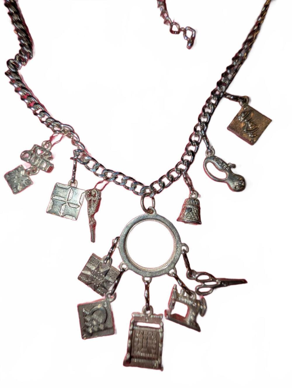 Vintage Silver Charm Necklace with Sewing Themed Charms